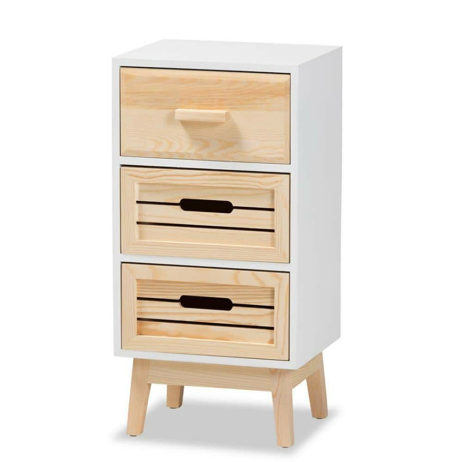 Living Room Furniture * | Kalida White And Oak Brown 3-Drawer Storage Cabinet By Baxton Studio