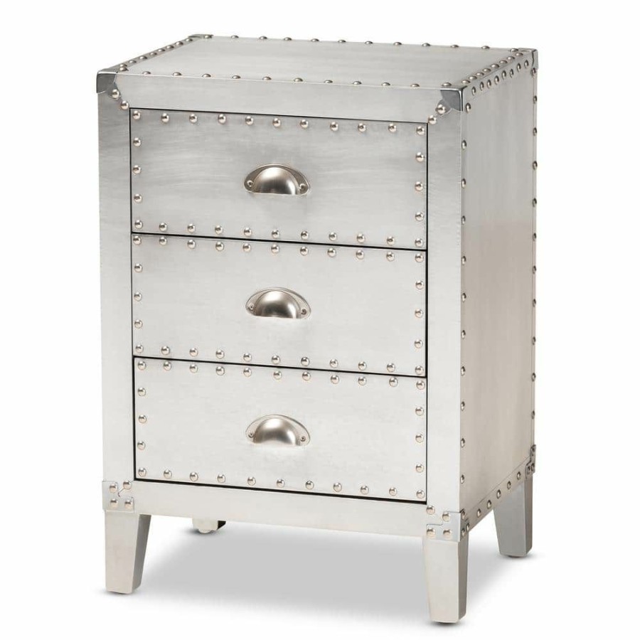 Bedroom Furniture * | Claude 3-Drawer Silver Nightstand By Baxton Studio