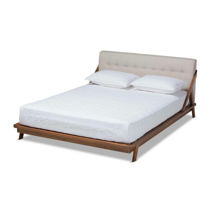 Bedroom Furniture * | Sante Beige And Walnut King Platform Bed By Baxton Studio