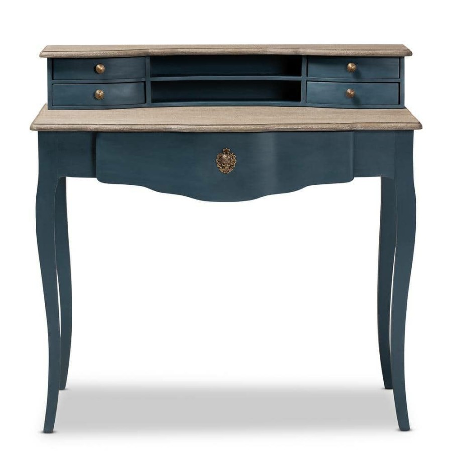 Bar Furniture * | 39.5 In. Blue/Oak Rectangular 5 -Drawer Writing Desk With Gold Hardware By Baxton Studio