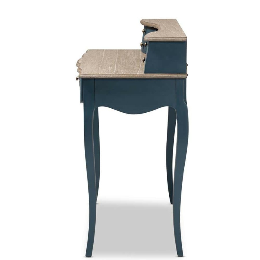 Bar Furniture * | 39.5 In. Blue/Oak Rectangular 5 -Drawer Writing Desk With Gold Hardware By Baxton Studio