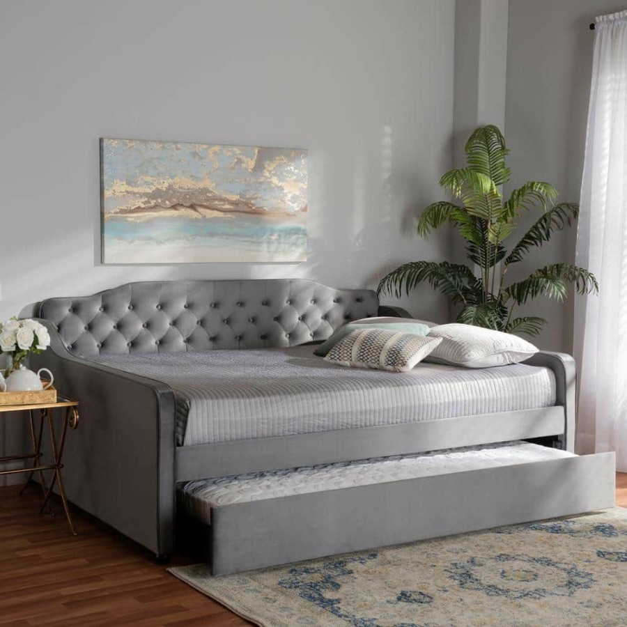 Bedroom Furniture * | Freda Grey Full Daybed With Trundle By Baxton Studio