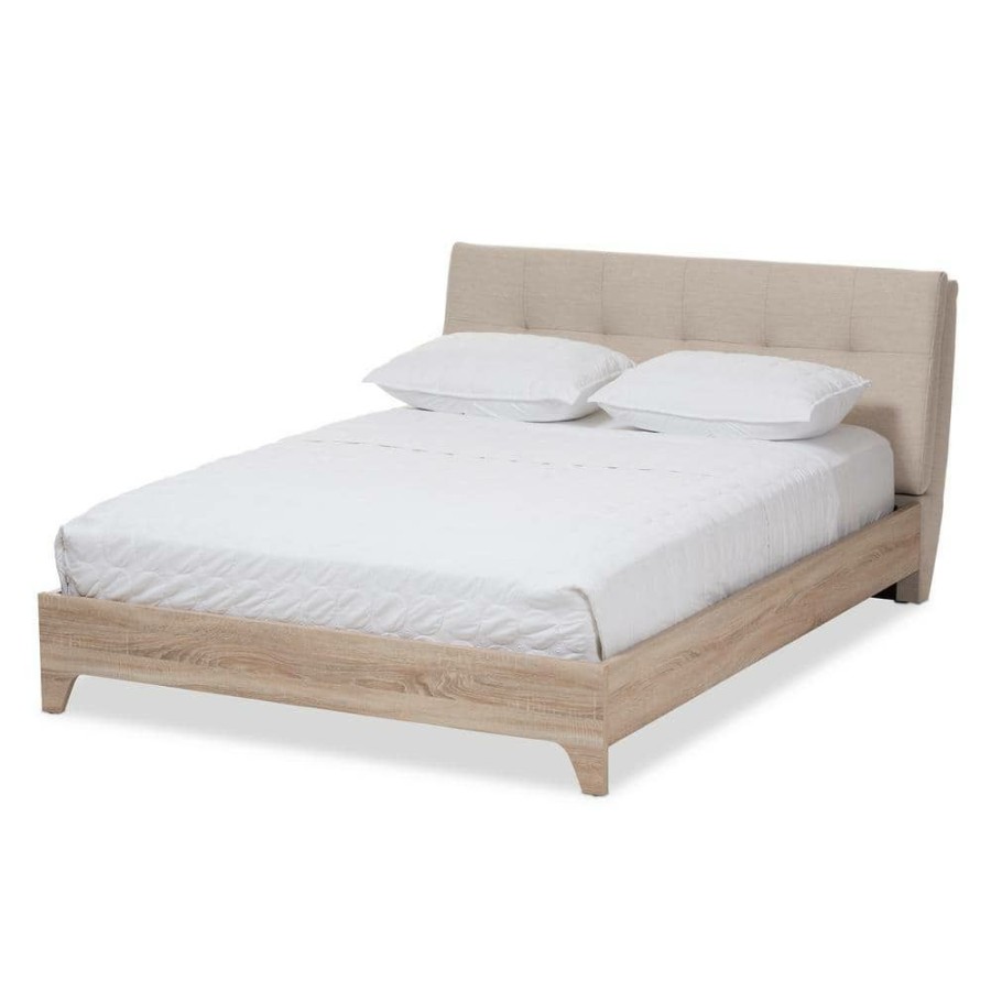 Bedroom Furniture * | Adelia Mid-Century Beige Fabric Upholstered Queen Size Bed By Baxton Studio