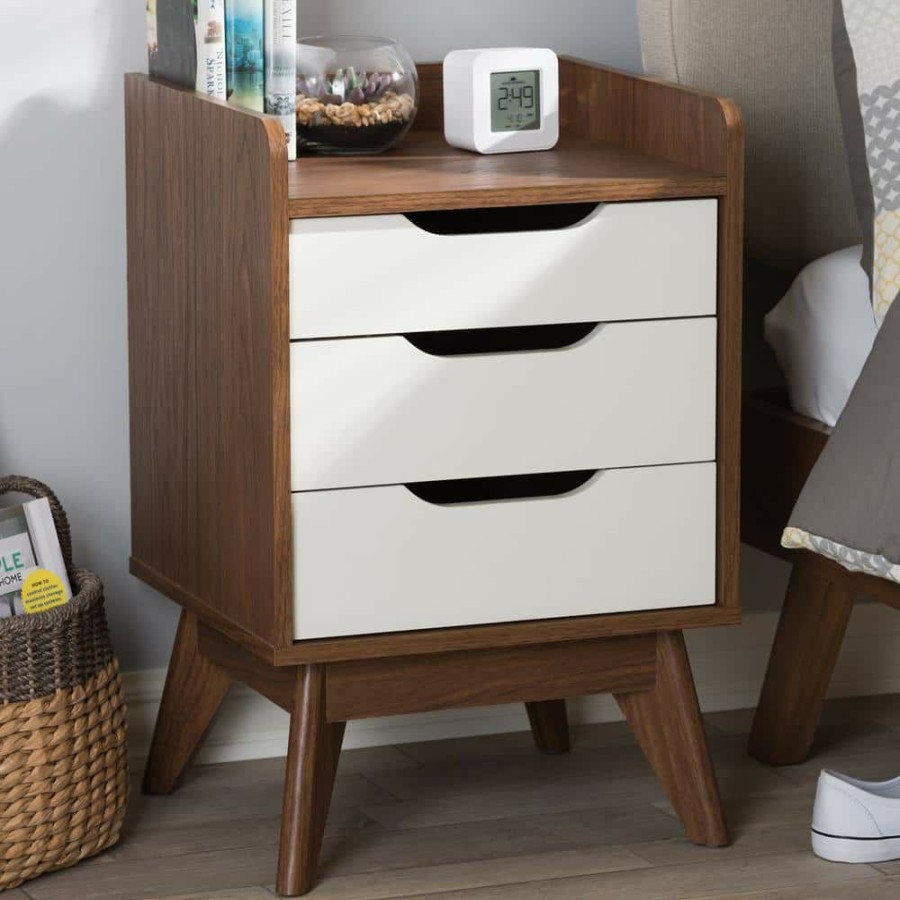 Bedroom Furniture * | Brighton 3-Drawer White Nightstand By Baxton Studio