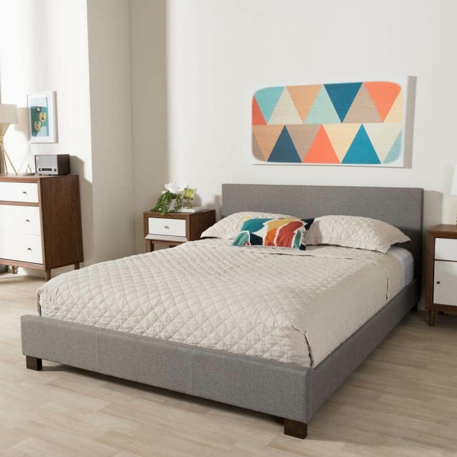 Bedroom Furniture * | Pless Contemporary Gray Fabric Upholstered Queen Size Bed By Baxton Studio