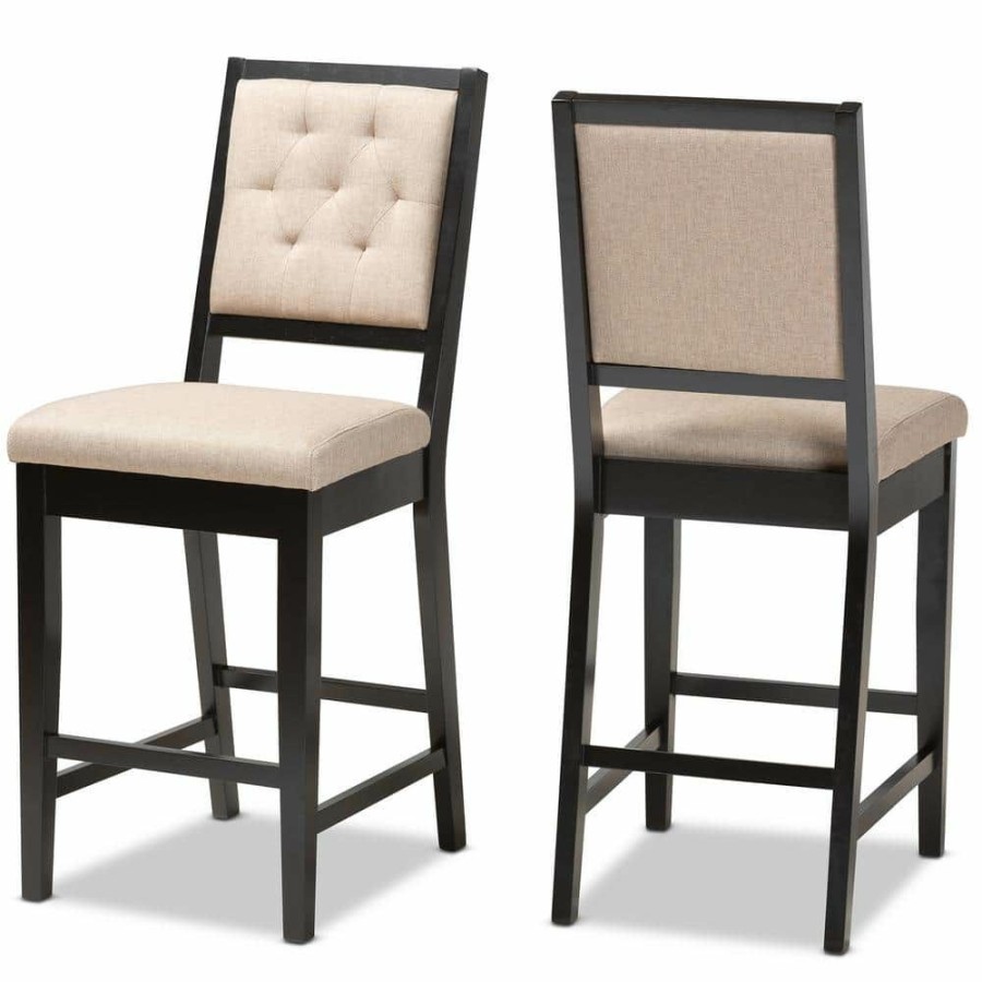 Bar Furniture * | Gideon 42.7 In. Sand And Dark Brown Low Back Wood Counter Height Bar Stool (Set Of 2) By Baxton Studio