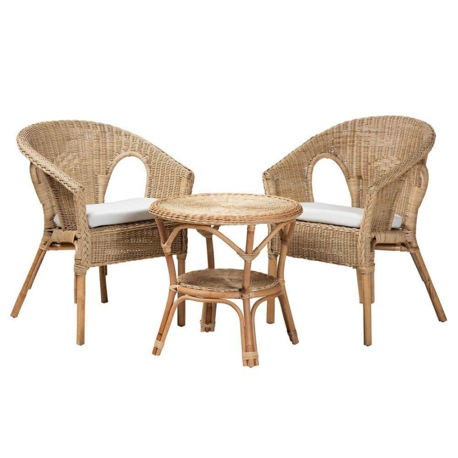 Living Room Furniture * | Abbey 3-Piece Rattan Top White And Natural Brown Living Room Set By Baxton Studio