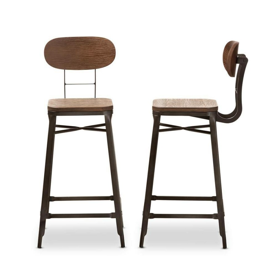 Bar Furniture * | Varek 32 In. Oak Brown And Rust Counter Stool (Set Of 2) By Baxton Studio