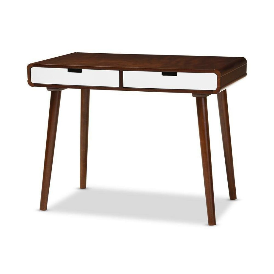 Bar Furniture * | 39 In. Medium Brown Wood Rectangular 2 -Drawer Writing Desk With Rounded Angles By Baxton Studio