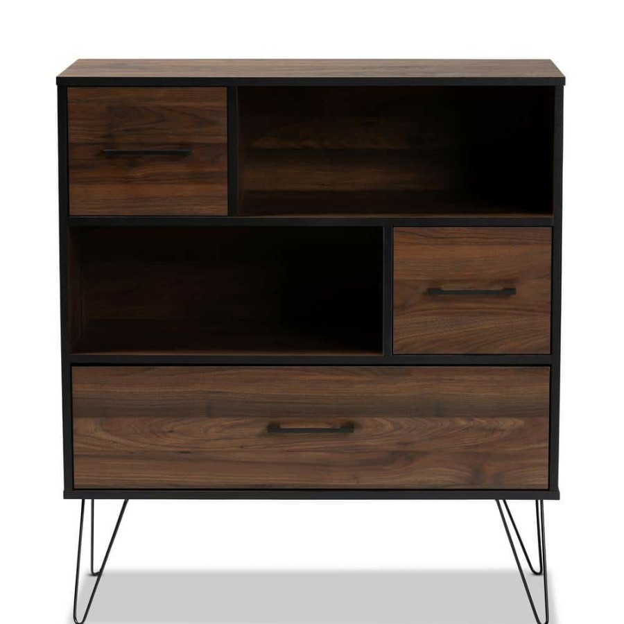 Bar Furniture * | Charis 39 In. H Walnut And Black Wood 2-Shelf Bookcase By Baxton Studio