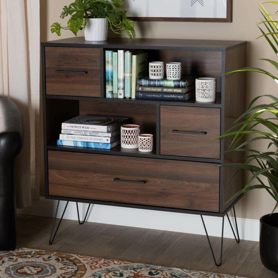 Bar Furniture * | Charis 39 In. H Walnut And Black Wood 2-Shelf Bookcase By Baxton Studio