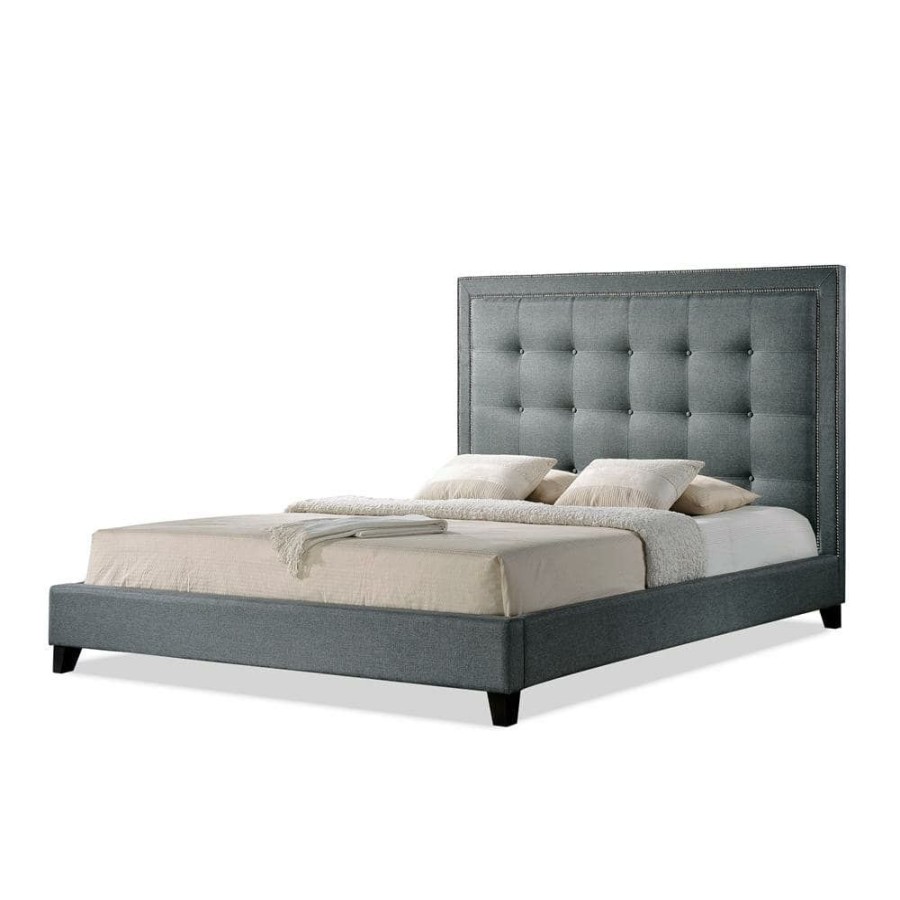 Bedroom Furniture * | Hirst Transitional Gray Fabric Upholstered King Size Bed By Baxton Studio