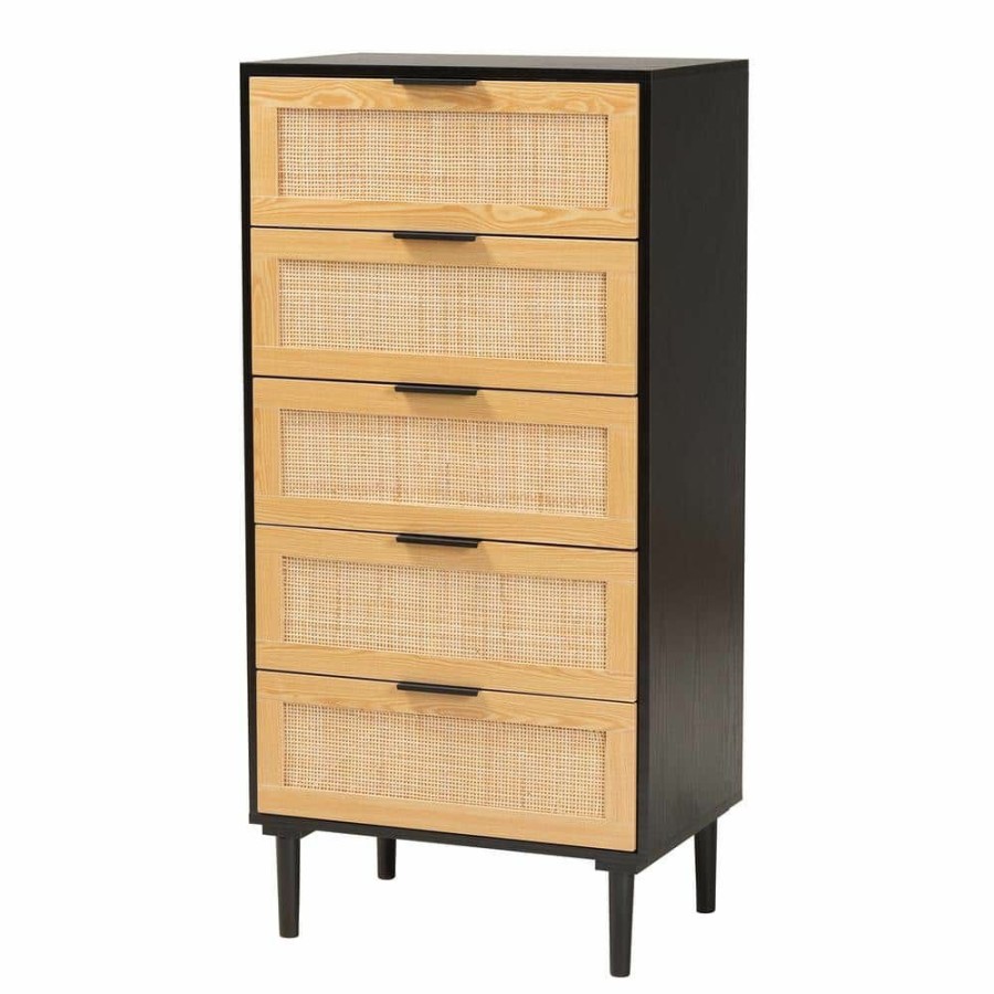 Bedroom Furniture * | Maureen 5-Drawer Espresso And Natural Brown Chest Of Drawers (47.25 In. H X 23.63 In. W X 15.75 In. D) By Baxton Studio