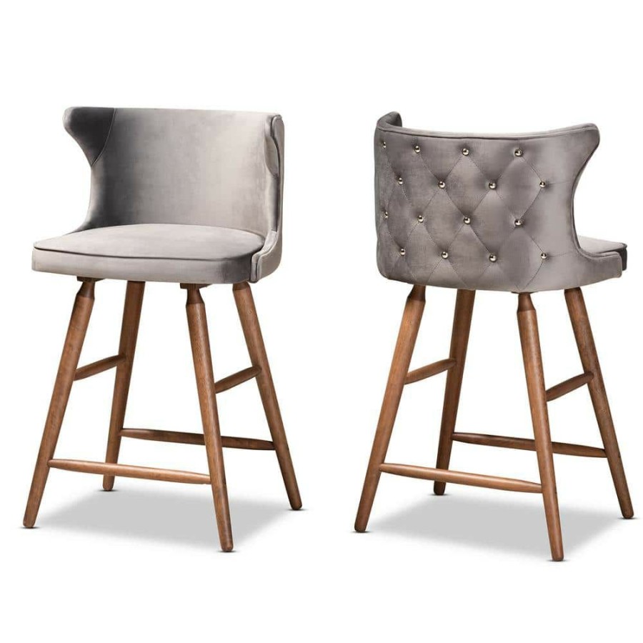 Bar Furniture * | Sagira 37 In. Grey And Walnut Brown Low Back Wood Counter Height Bar Stool (Set Of 2) By Baxton Studio