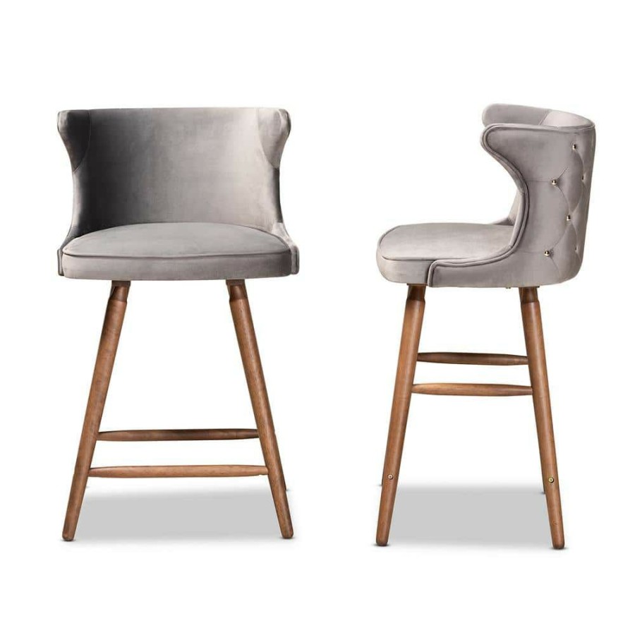 Bar Furniture * | Sagira 37 In. Grey And Walnut Brown Low Back Wood Counter Height Bar Stool (Set Of 2) By Baxton Studio