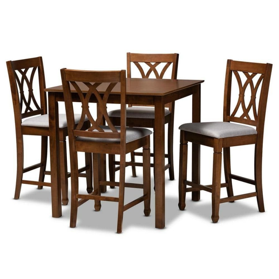 Living Room Furniture * | Reneau 5-Piece Grey And Walnut Pub Set By Baxton Studio