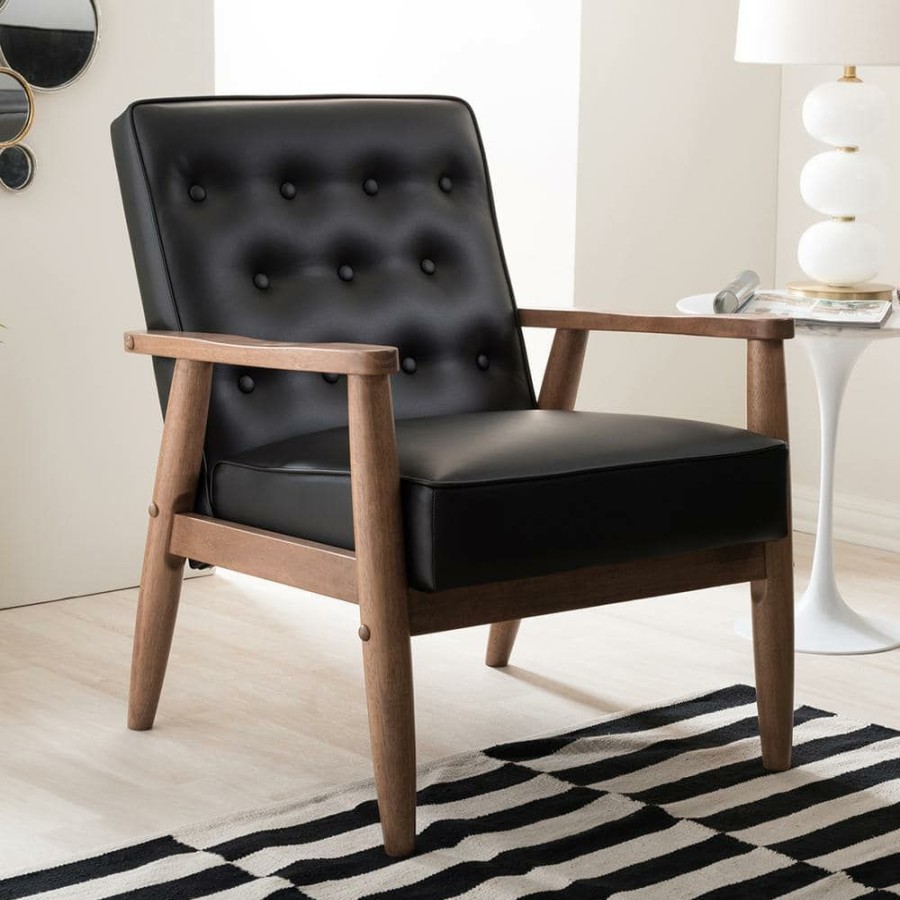 Living Room Furniture * | Sorrento Mid-Century Black Faux Leather Upholstered Accent Chair By Baxton Studio