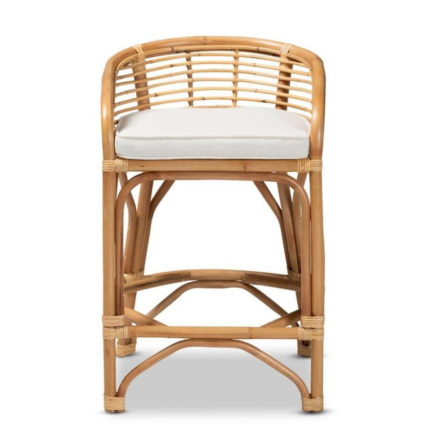 Bar Furniture * | Maverick 33.13 In. White And Natural Brown Low Back Rattan Counter Height Bar Stool By Baxton Studio