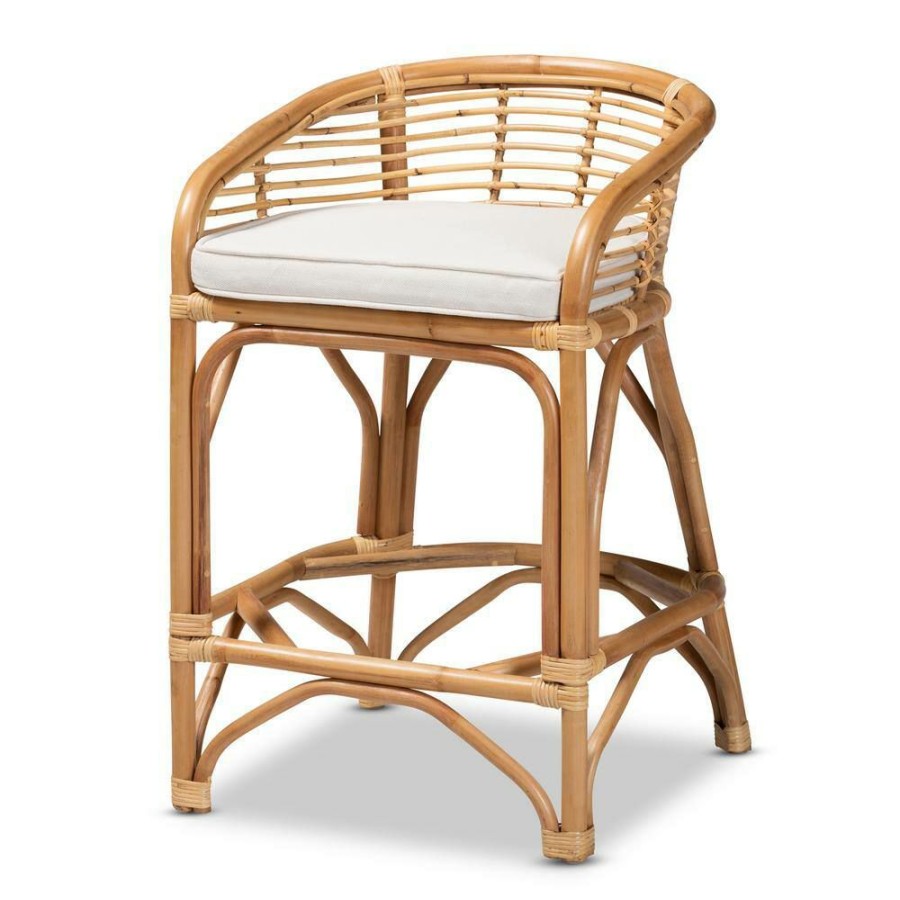 Bar Furniture * | Maverick 33.13 In. White And Natural Brown Low Back Rattan Counter Height Bar Stool By Baxton Studio