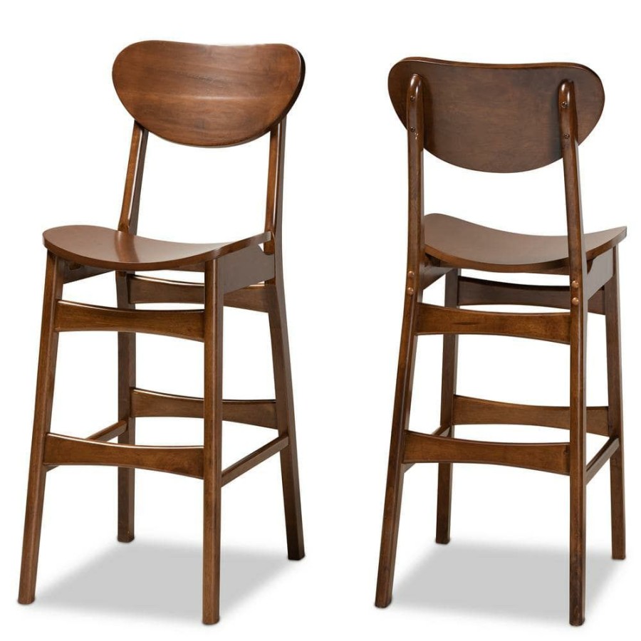 Bar Furniture * | Katya 44.1 In. Walnut Brown Low Back Wood 28.7 In. Bar Stool (Set Of 2) By Baxton Studio