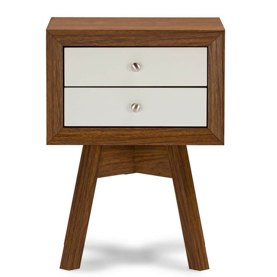 Bedroom Furniture * | Warwick 2-Drawer White And Medium Brown Wood Nightstand By Baxton Studio