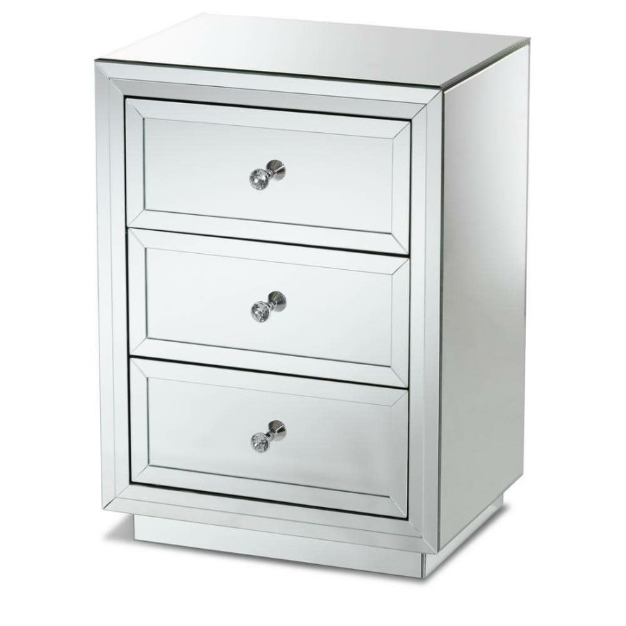 Bedroom Furniture * | Lina 3-Drawer Silver Nightstand By Baxton Studio