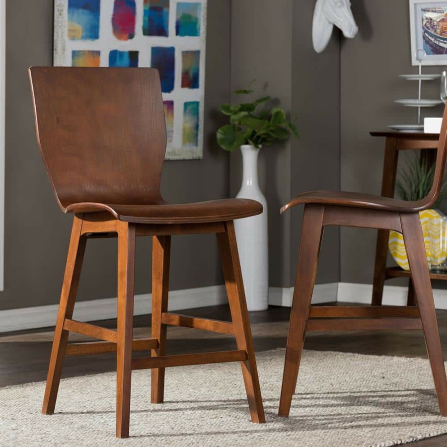 Bar Furniture * | Elsa Medium Brown Finished Wood 2-Piece Counter Stool Set By Baxton Studio