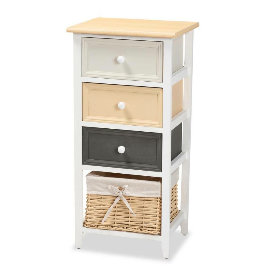 Living Room Furniture * | Adonis White And Multi-Colored Storage Cabinet With 3-Drawers By Baxton Studio