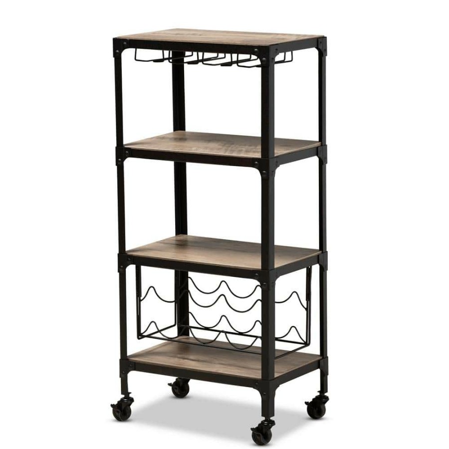 Bar Furniture * | Swanson Black Metal Oak Wood Mobile 3-Shelves Wine Rack Cart By Baxton Studio