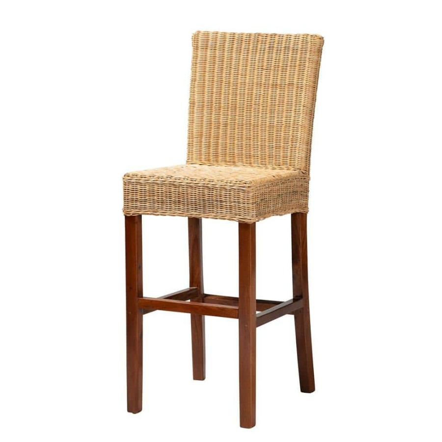 Bar Furniture * | Racquel 44.25 In. Natural And Walnut Brown Mahogany Wood Bar Height Bar Stool By Baxton Studio