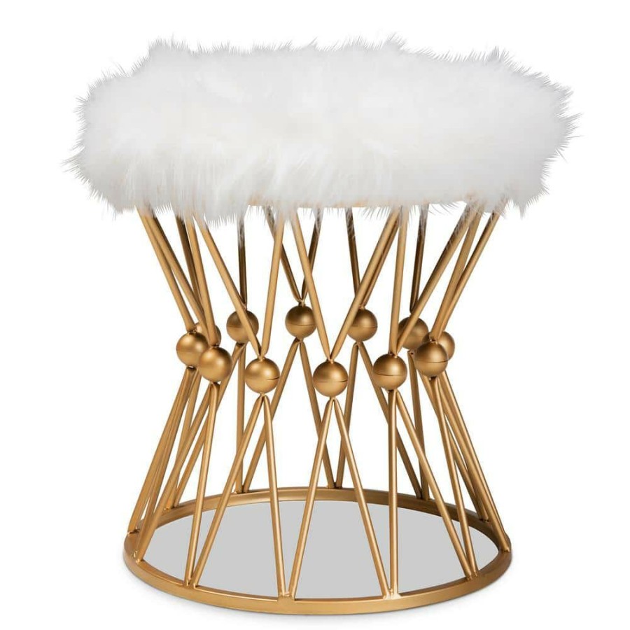 Living Room Furniture * | Leonie White Faux Fur Metal Ottoman By Baxton Studio