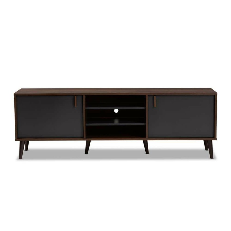 Living Room Furniture * | Samuel Walnut Brown And Dark Gray Tv Stand By Baxton Studio