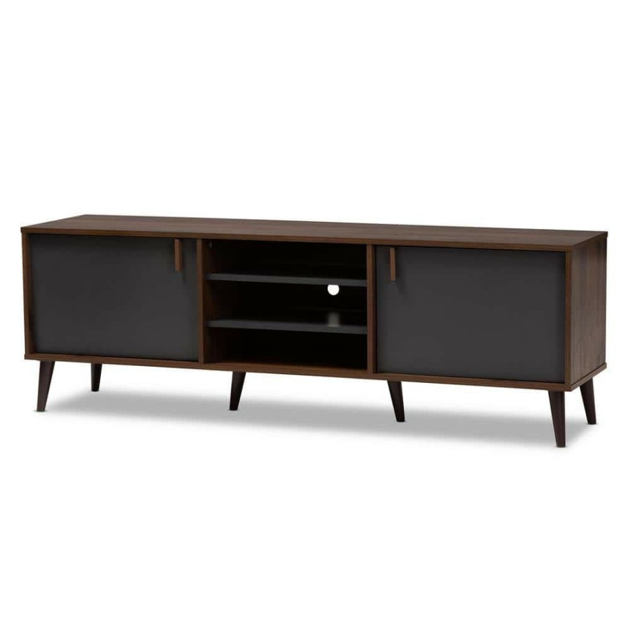 Living Room Furniture * | Samuel Walnut Brown And Dark Gray Tv Stand By Baxton Studio