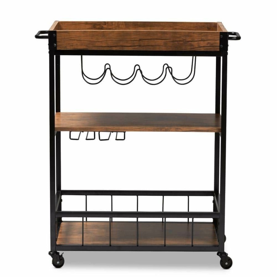 Bar Furniture * | Cerne Golden Oak And Black Bar Cart With Rack By Baxton Studio