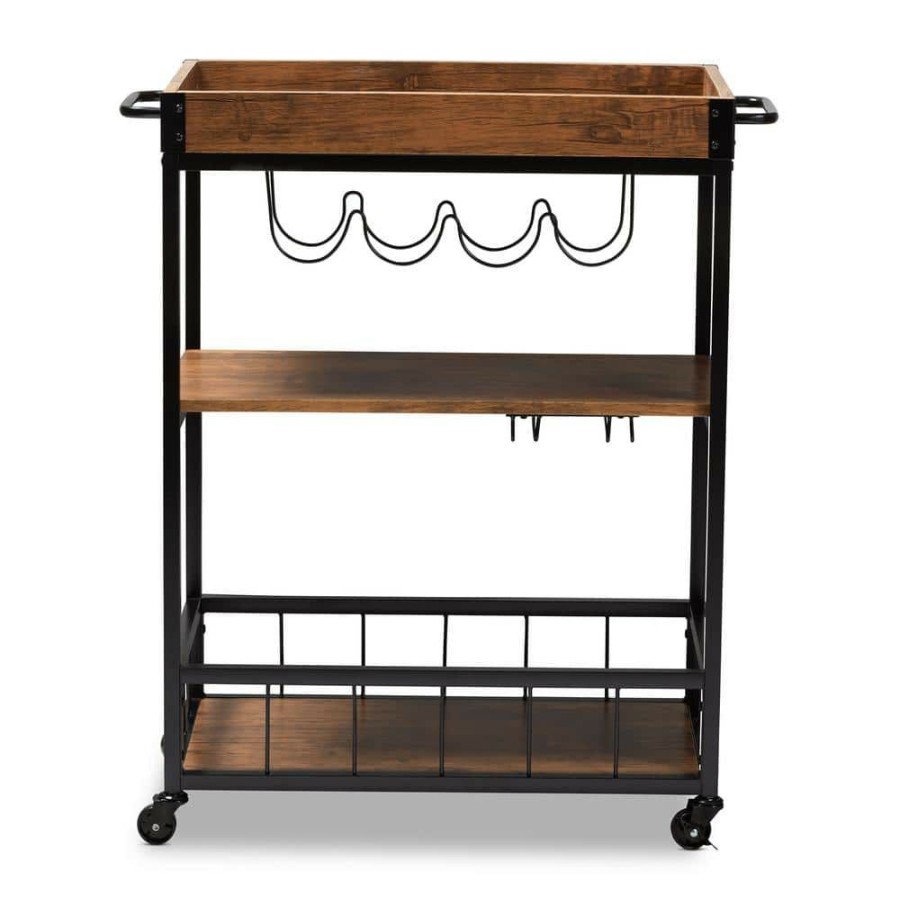 Bar Furniture * | Cerne Golden Oak And Black Bar Cart With Rack By Baxton Studio