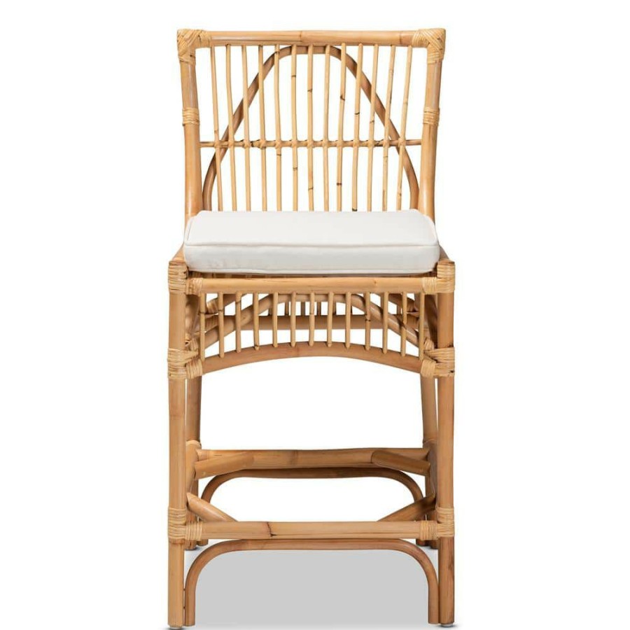 Bar Furniture * | Rose 39 In. White And Natural Brown Low Back Rattan Counter Height Bar Stool By Baxton Studio