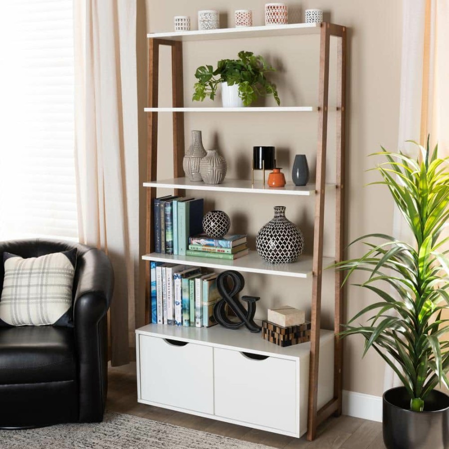 Bar Furniture * | Senja White And Ash Walnut Ladder Bookshelf By Baxton Studio