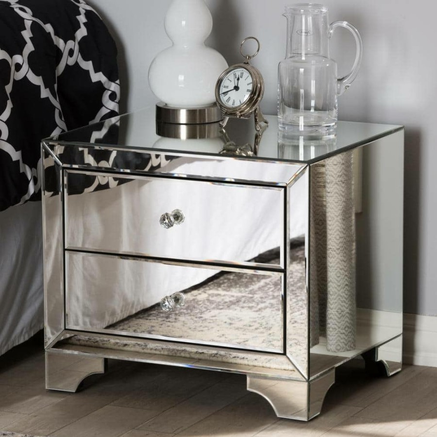 Bedroom Furniture * | Farrah 2-Drawer Silver Metallic Nightstand By Baxton Studio