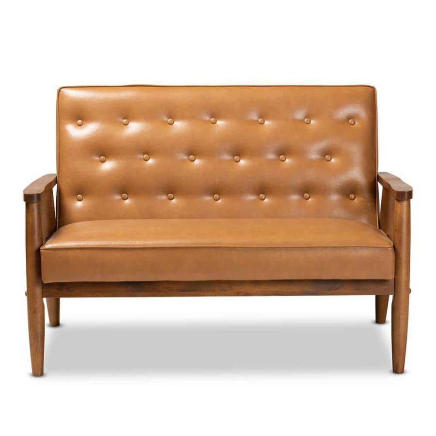 Living Room Furniture * | Sorrento 2-Seat Tan And Walnut Brown Loveseat By Baxton Studio