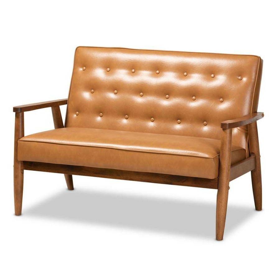 Living Room Furniture * | Sorrento 2-Seat Tan And Walnut Brown Loveseat By Baxton Studio