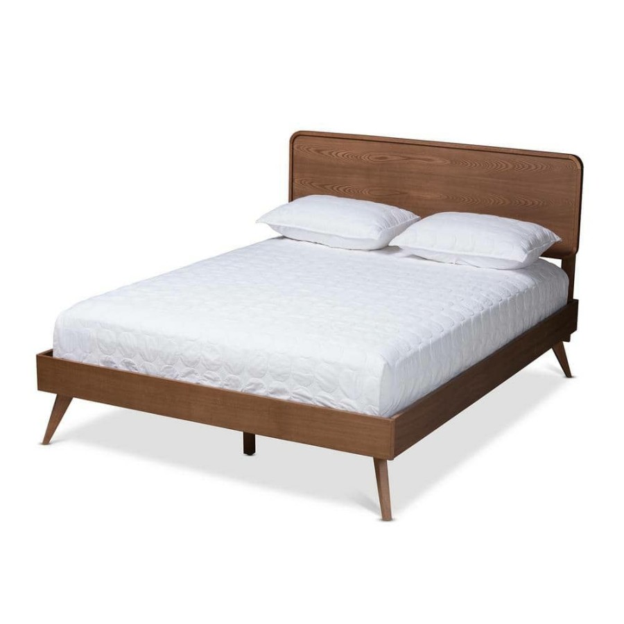 Bedroom Furniture * | Demeter Walnut Queen Platform Bed By Baxton Studio