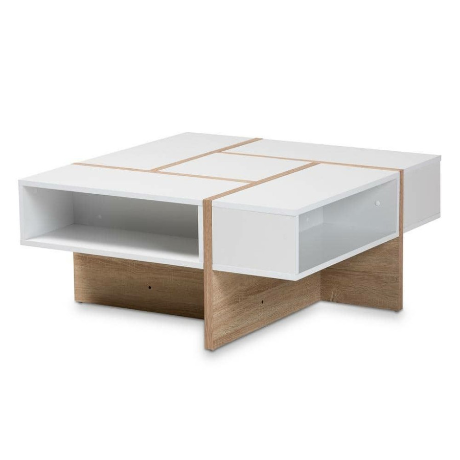 Living Room Furniture * | Rasa 35 In. White/Oak Medium Square Wood Coffee Table With Shelf By Baxton Studio