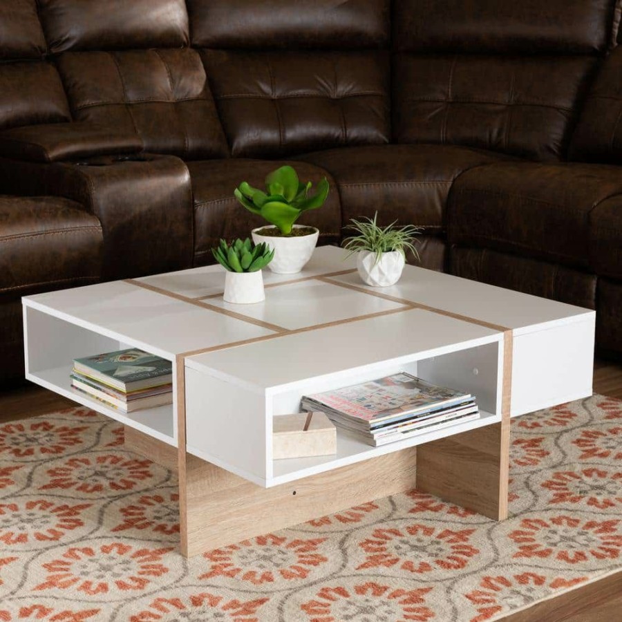 Living Room Furniture * | Rasa 35 In. White/Oak Medium Square Wood Coffee Table With Shelf By Baxton Studio