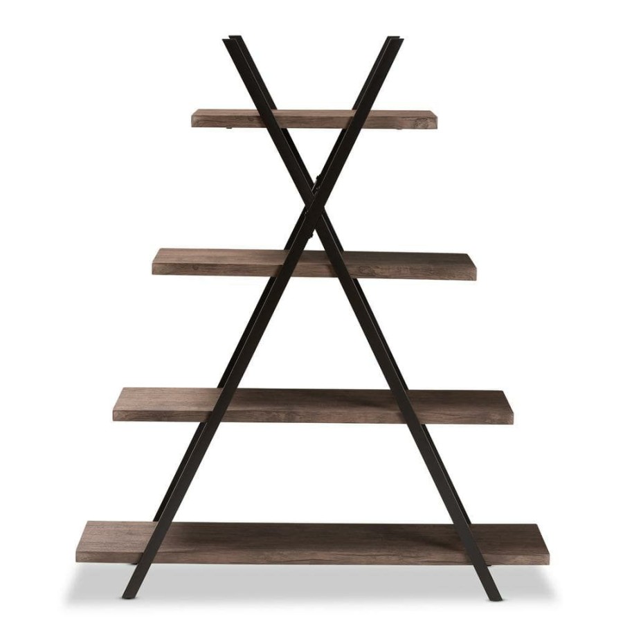 Bar Furniture * | Fiera 54.3 In. H Walnut And Black Wood 4-Shelf Etagere Bookcase By Baxton Studio