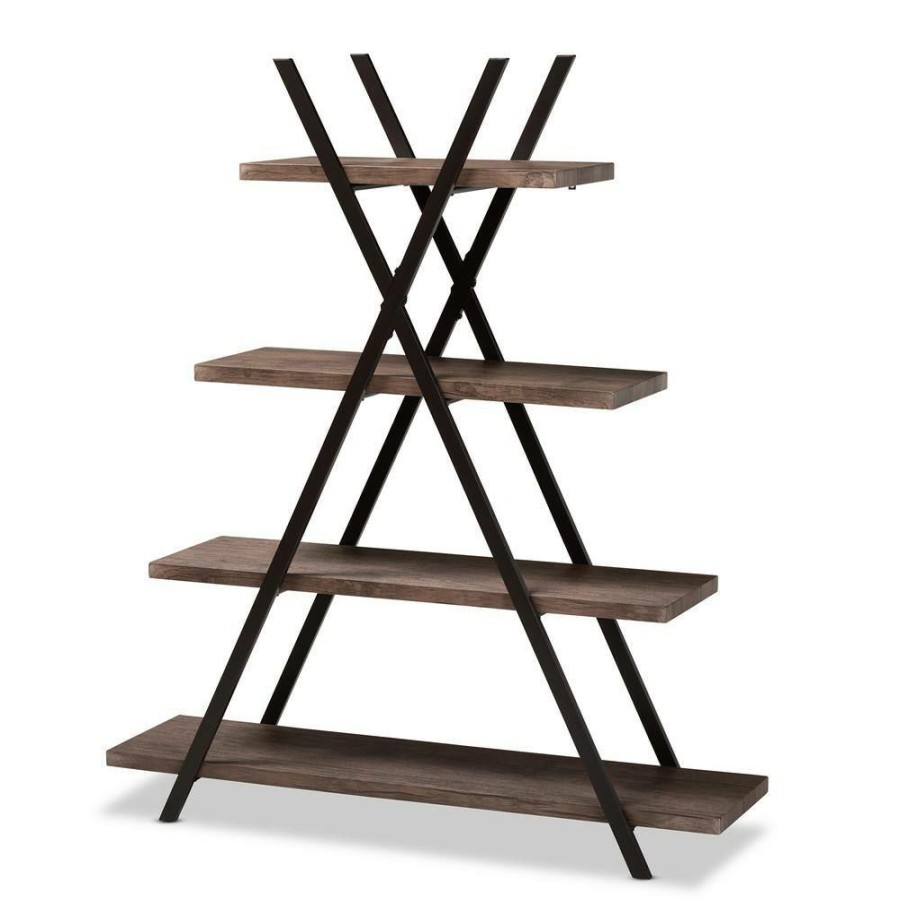 Bar Furniture * | Fiera 54.3 In. H Walnut And Black Wood 4-Shelf Etagere Bookcase By Baxton Studio