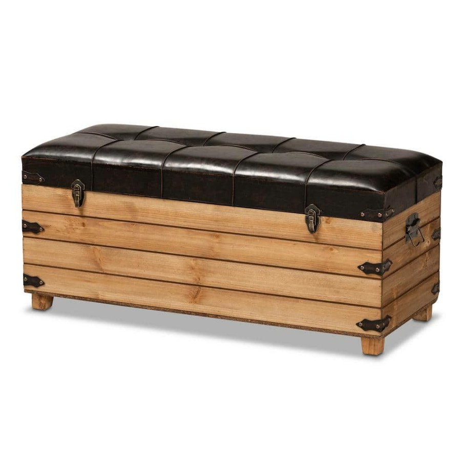 Living Room Furniture * | Edmund Dark Brown And Oak Brown Storage Ottoman By Baxton Studio