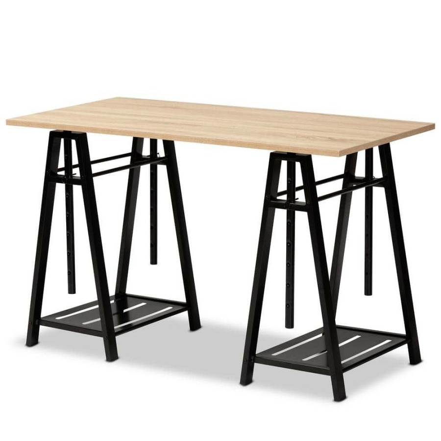 Bar Furniture * | Mary 47 In. W Ash Walnut And Black Wood Desk With Adjustable Height By Baxton Studio