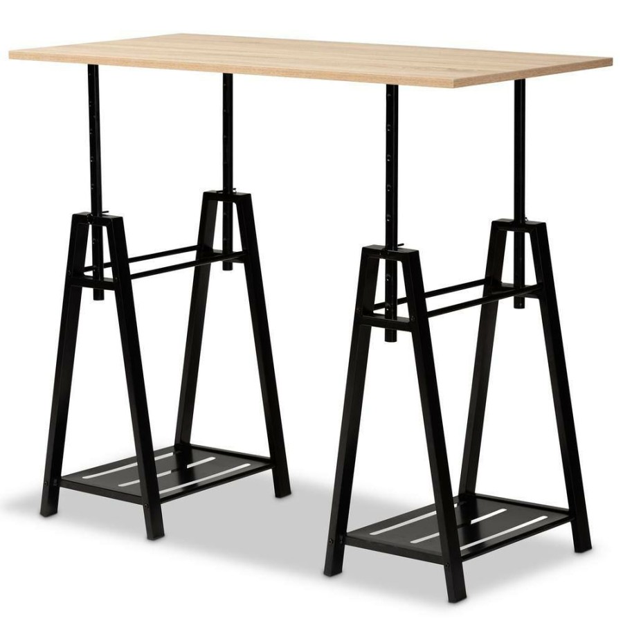 Bar Furniture * | Mary 47 In. W Ash Walnut And Black Wood Desk With Adjustable Height By Baxton Studio