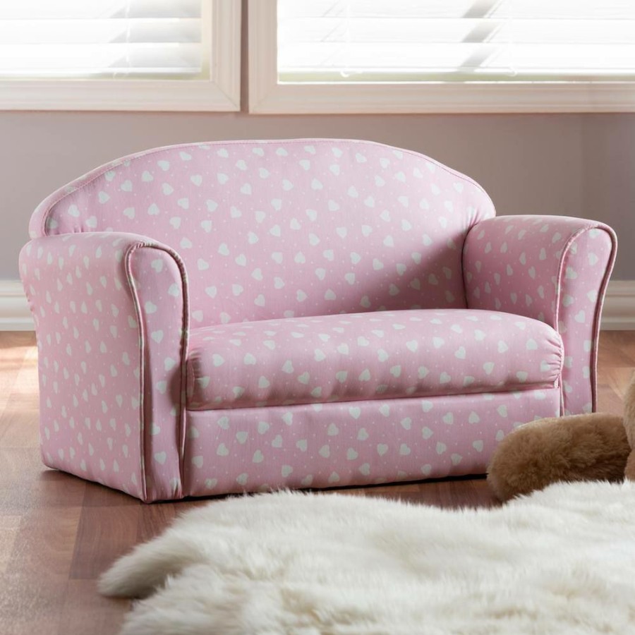 Living Room Furniture * | Erica 30.3 In. Pink/White Heart Print Polyester 2-Seater Cabriole Sofa With Flared Arms By Baxton Studio