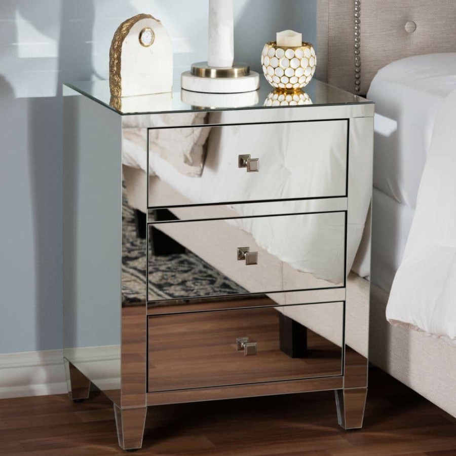 Bedroom Furniture * | Rosalind 3-Drawer Silver Metallic Nightstand By Baxton Studio